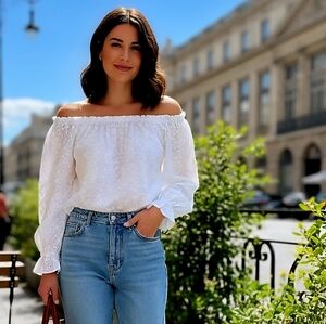 LEA‎ & VIOLA Breezy Long-Sleeve Off Shoulder Smocked-Neck White Top NWOT